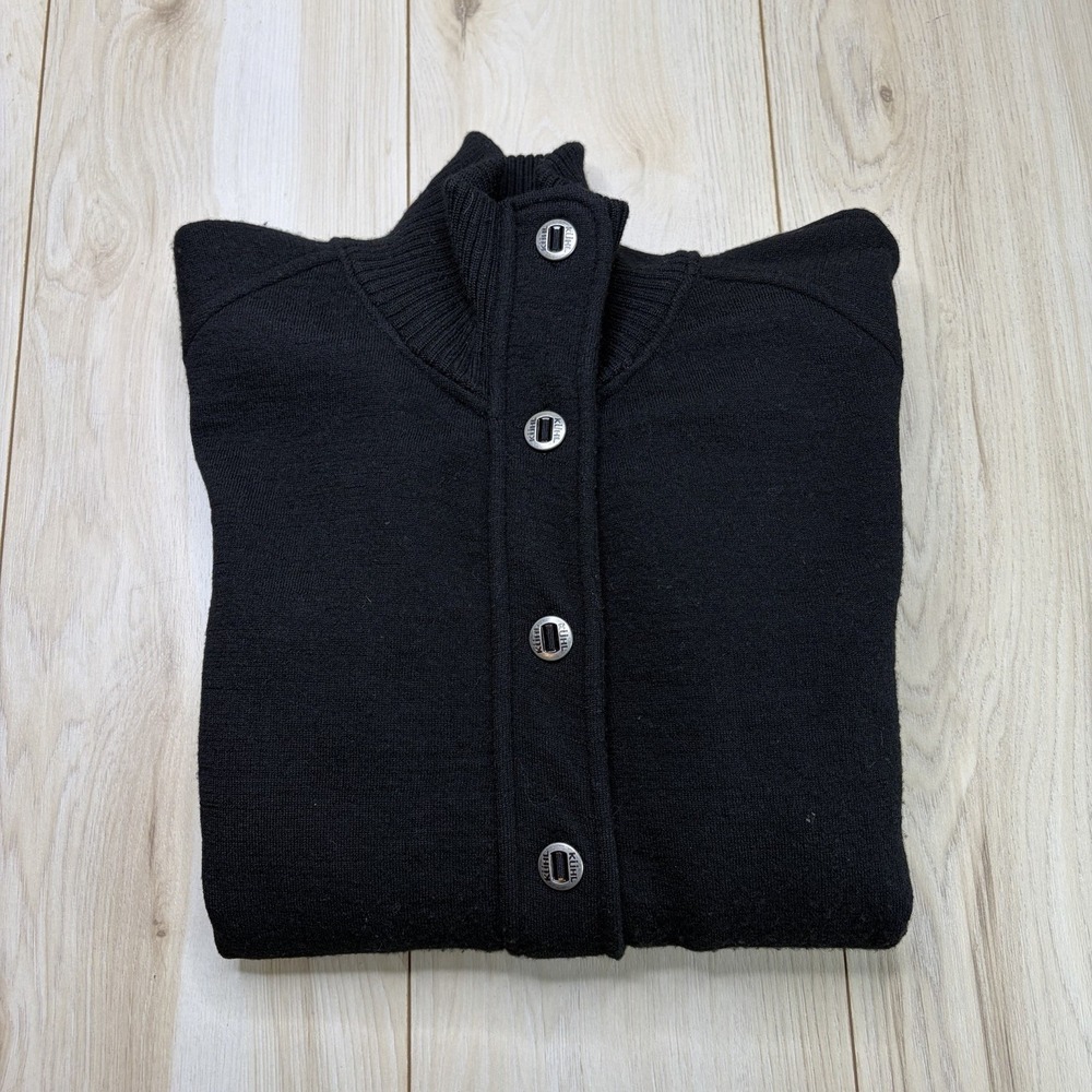 Kuhl Women's Black Merino Wool Button Up Cardigan Jacket Medium Ribbed Collar